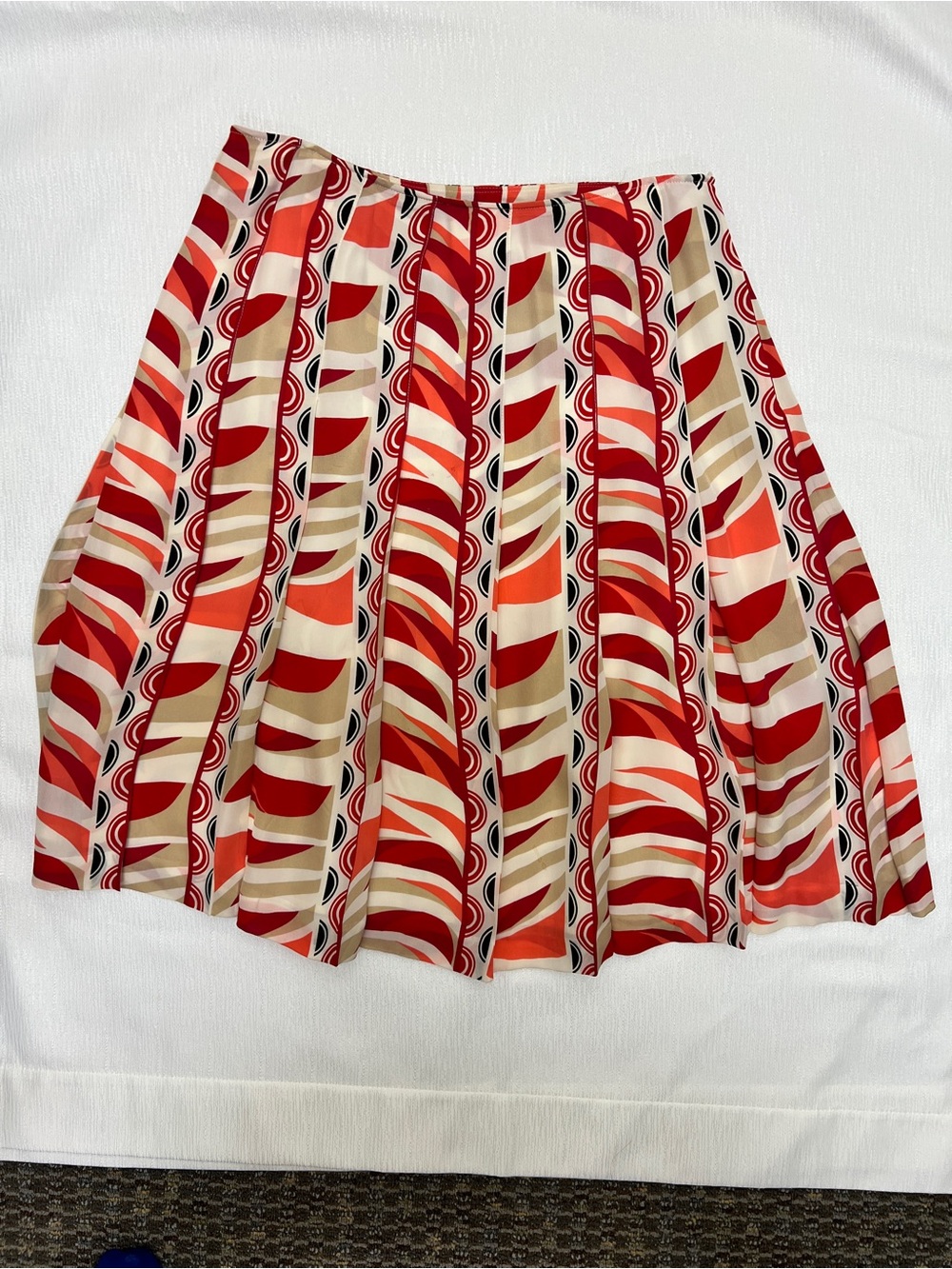 Printed Pleated Women's Skirt in Red and Cream.  Unique and Beautiful Silk Skirt
